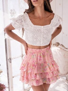 LOVESHACKFANCY Femme Skirt in Pink Azaleas Ruffle Tiered Mini Skirt NWOT XS 0/2